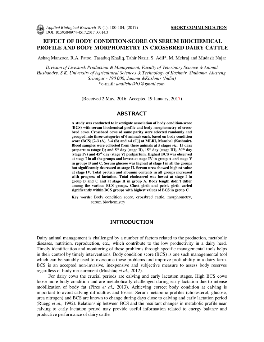 (PDF) Effect of body condition-score on serum biochemical ...