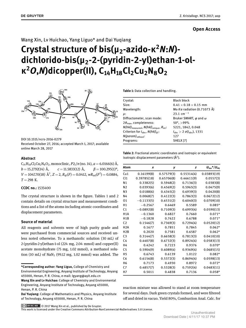 Pdf Crystal Structure Of Bis M2 Azido K2n N Dichlorido Bis M2 2 Pyridin 2 Yl Ethan 1 Ol K2o N Dicopper Ii C14h18cl2cu2n8o2