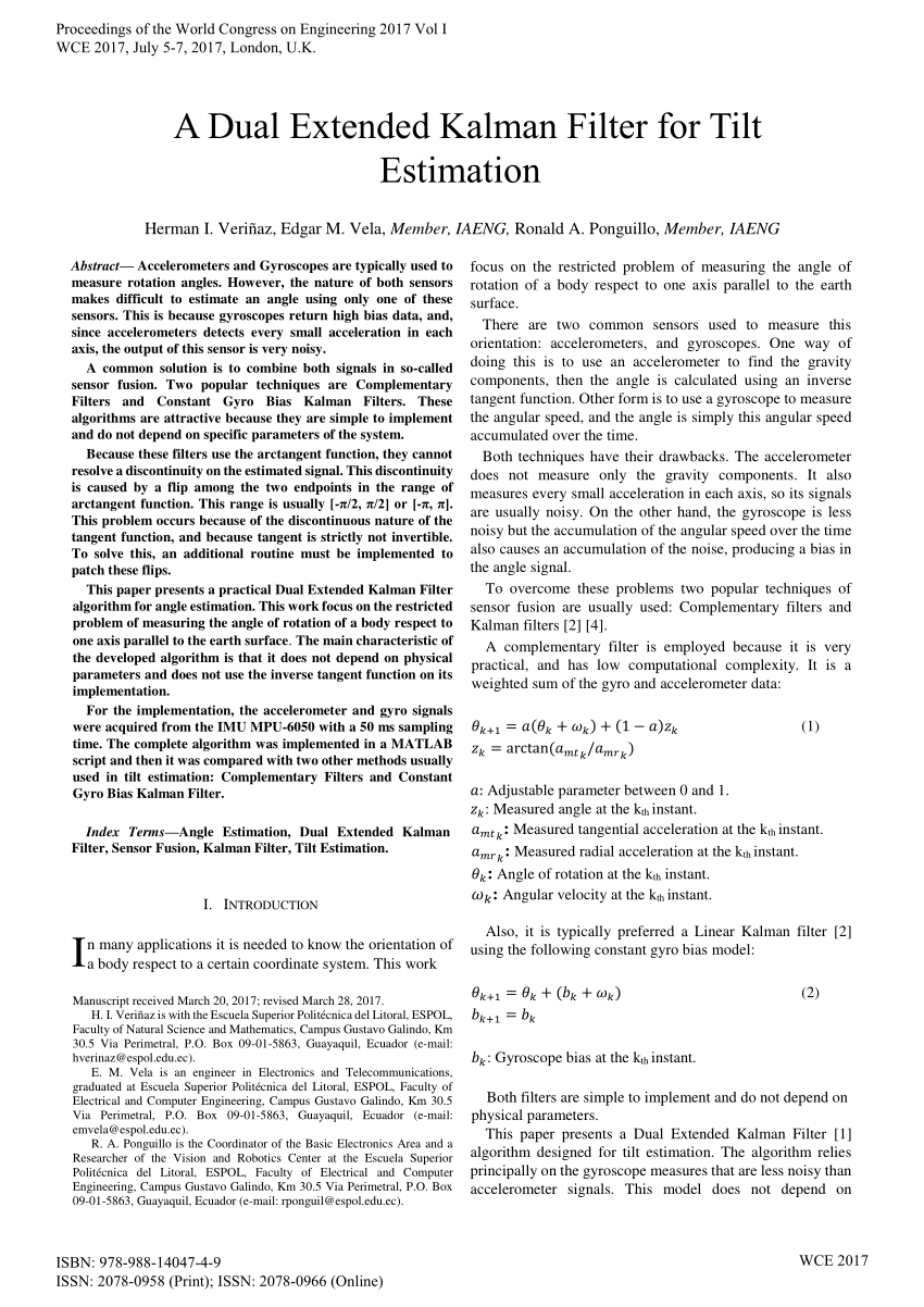 Pdf A Dual Extended Kalman Filter For Tilt Estimation