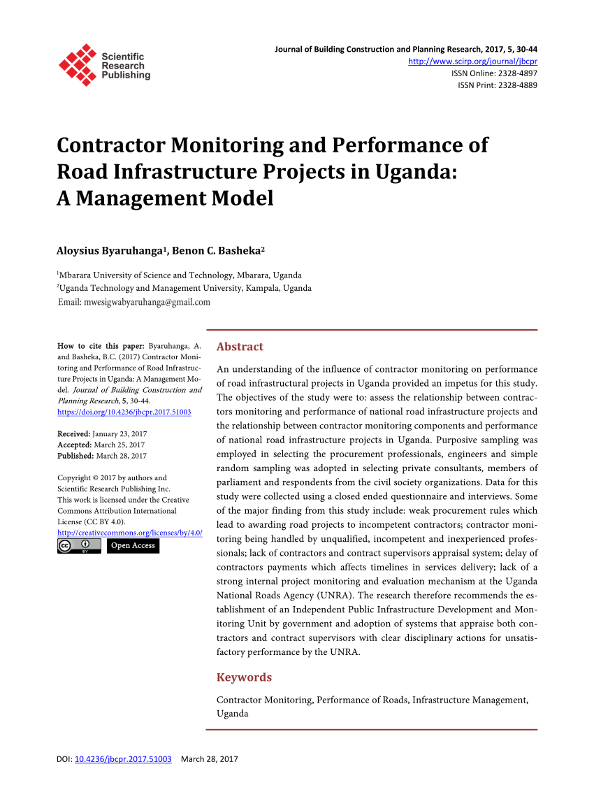 Pdf Contractor Monitoring And Performance Of Road Infrastructure Projects In Uganda A Management Model