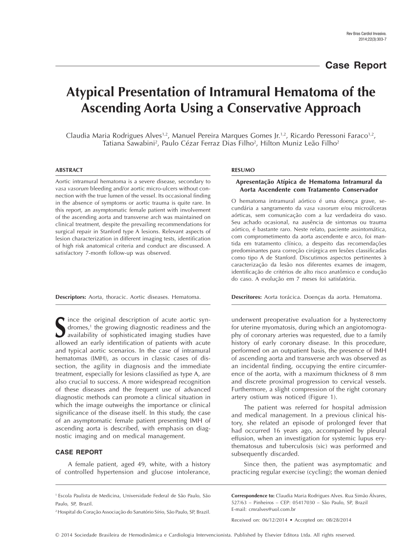 Pdf Apresentacao Atipica De Hematoma Intramural Da Aorta Ascendente Com Tratamento Conservador