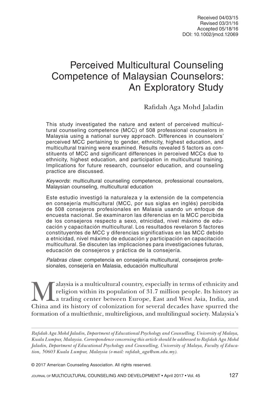 Pdf Perceived Multicultural Counseling Competence Of Malaysian Counselors An Exploratory Study