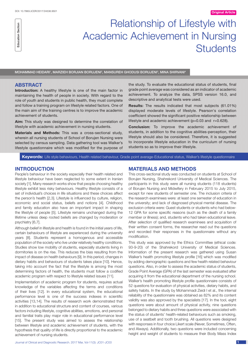 Pdf Relationship Of Lifestyle With Academic Achievement In Nursing Students