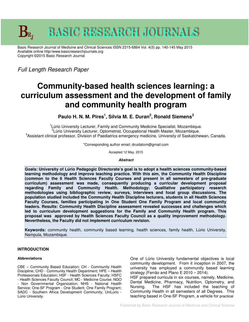 Pdf Community Based Health Sciences Learning A Curriculum