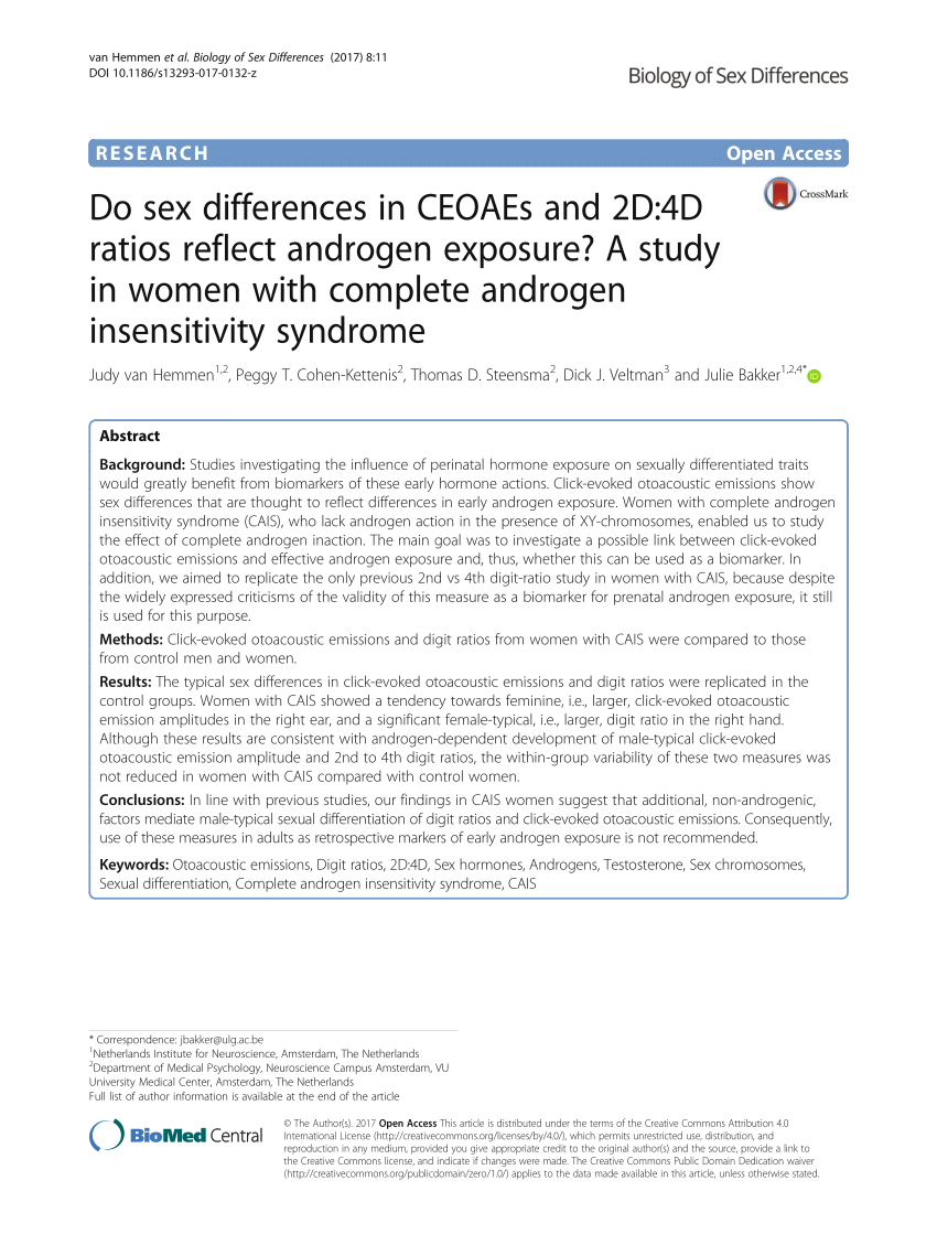 Pdf Do Sex Differences In Ceoaes And 2d4d Ratios Reflect Androgen