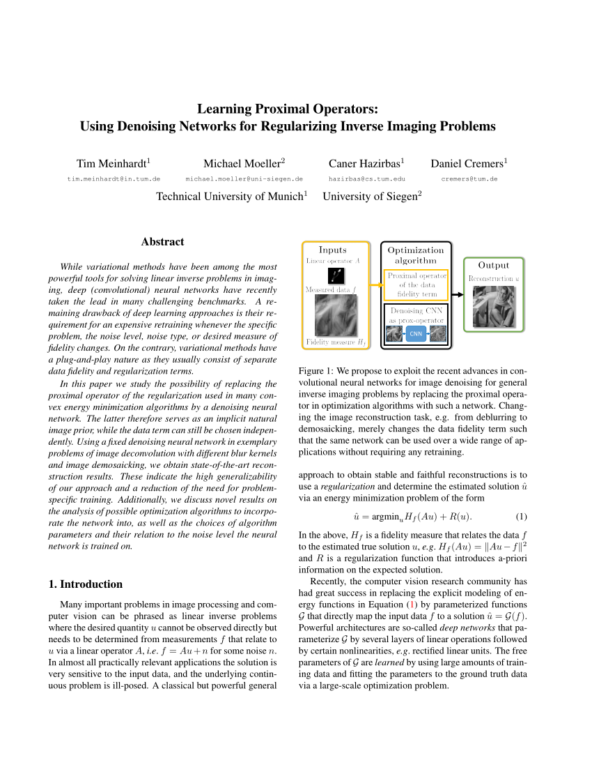 Pdf Learning Proximal Operators Using Denoising Networks For Regularizing Inverse Imaging Problems