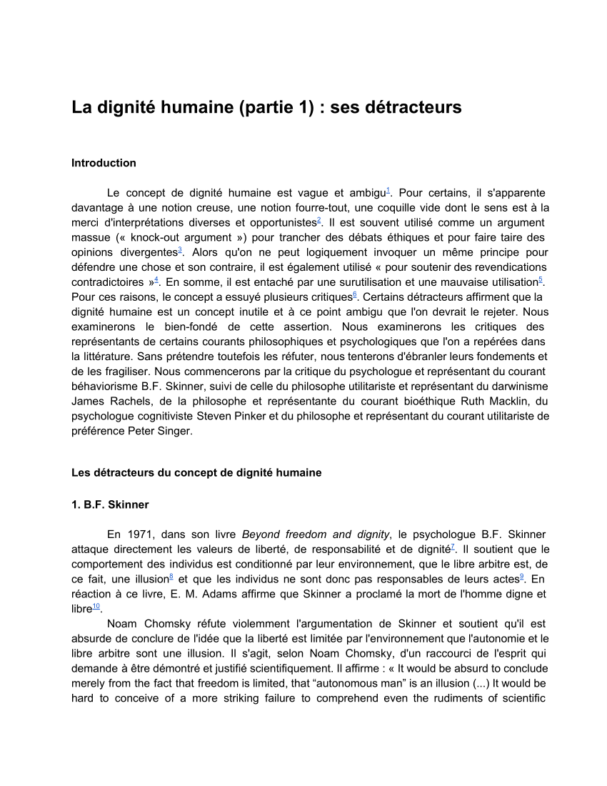 Pdf La Dignite Humaine Partie 1 Ses Detracteurs