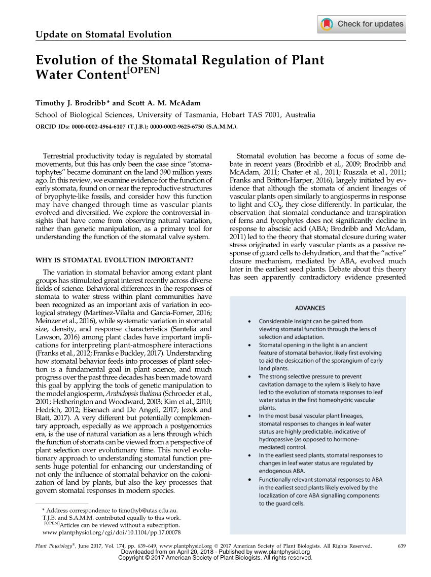 Pdf Evolution Of The Stomatal Regulation Of Plant Water Content