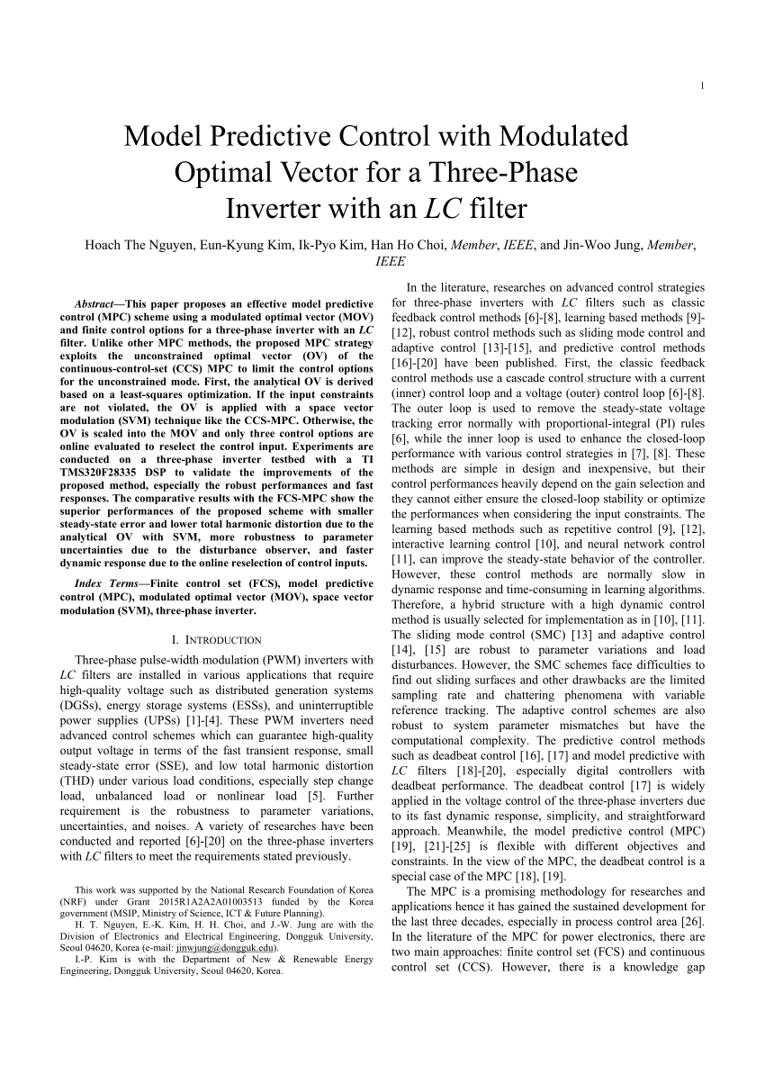 Pdf Model Predictive Control With Modulated Optimal Vector For A Three Phase Inverter With An Lc Filter