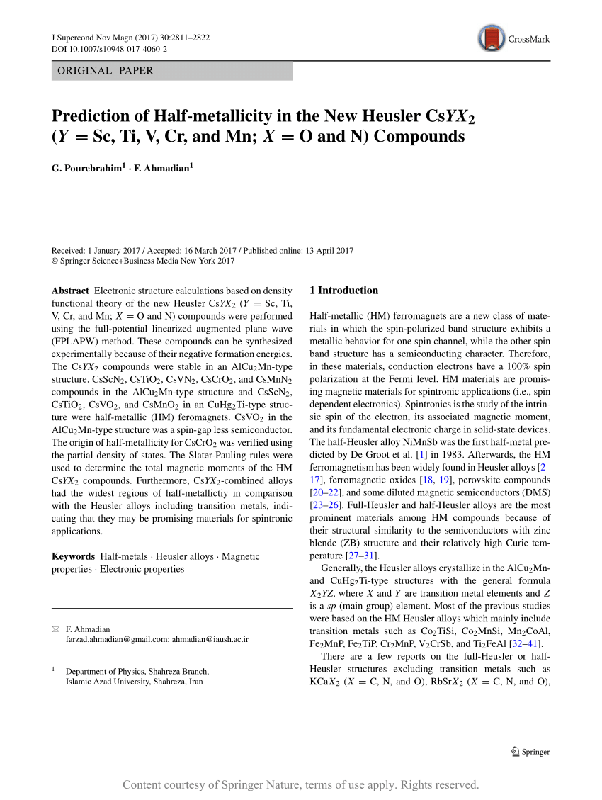 Prediction Of Half Metallicity In The New Heusler Csyx2 Y Sc Ti V Cr And Mn X O And N Compounds Request Pdf
