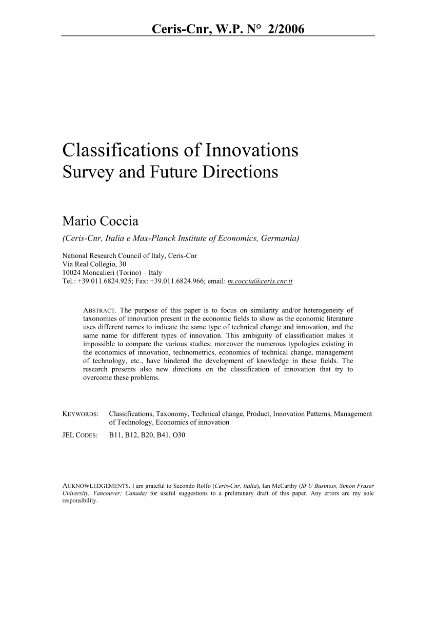 PDF) Classifications of Innovations Survey and Future Directions