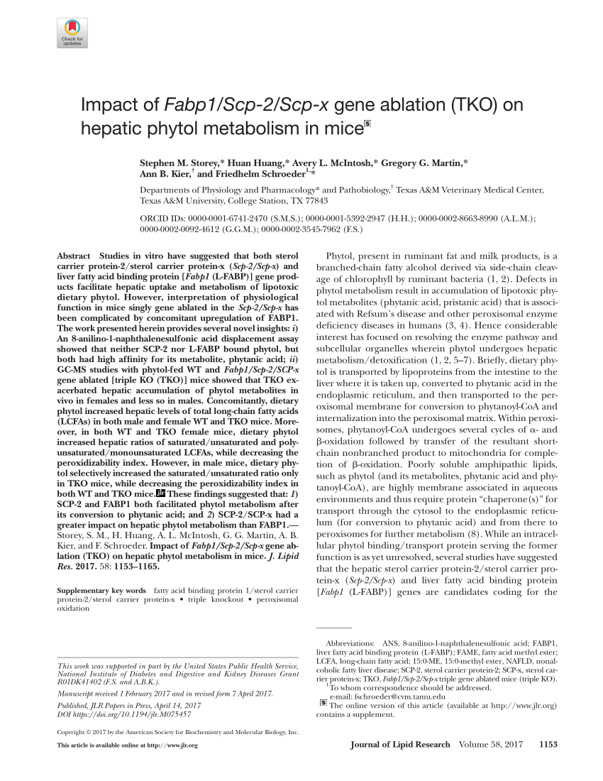 Pdf Impact Of Fabp1 Scp 2 Scp X Gene Ablation Tko On Hepatic Phytol Metabolism In Mice