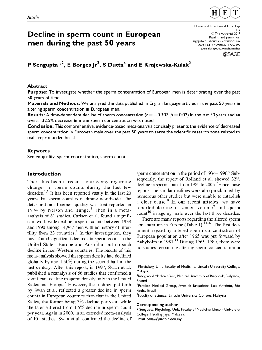 Pdf Decline In Sperm Count In European Men During The Past 50 Years