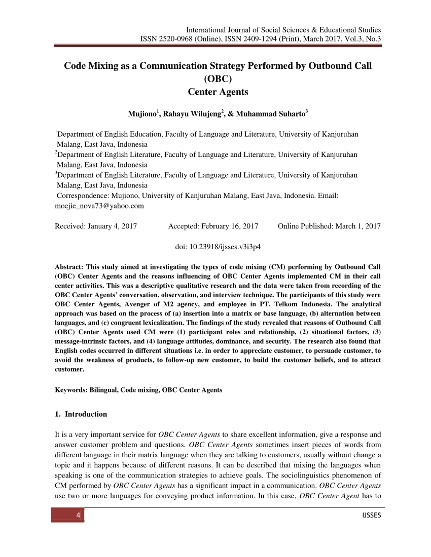 PDF) Code Mixing as a Communication Strategy Performed by Outbound Call  (OBC) Center Agents