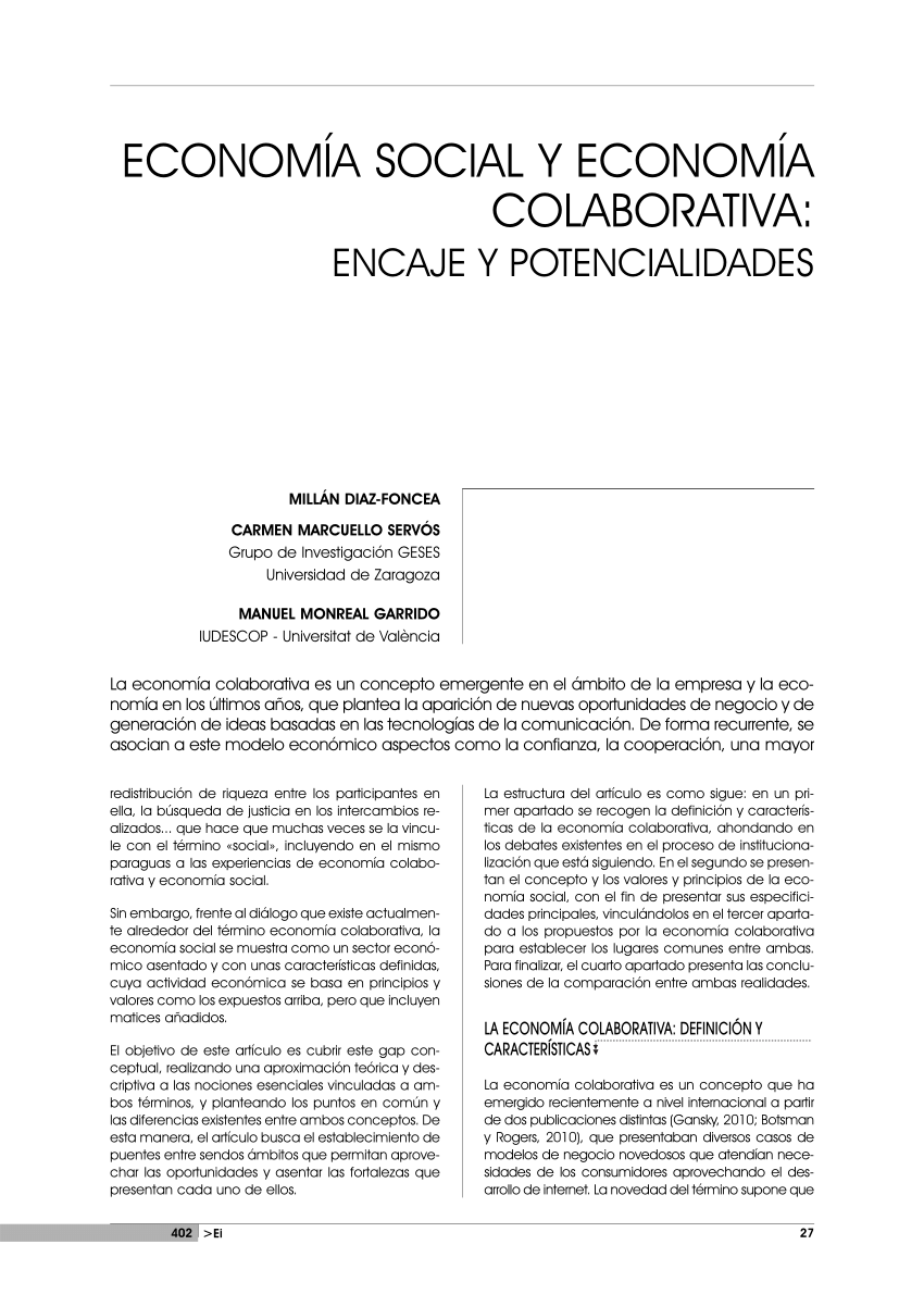 PDF) Economía social y economía colaborativa: encaje y potencialidades