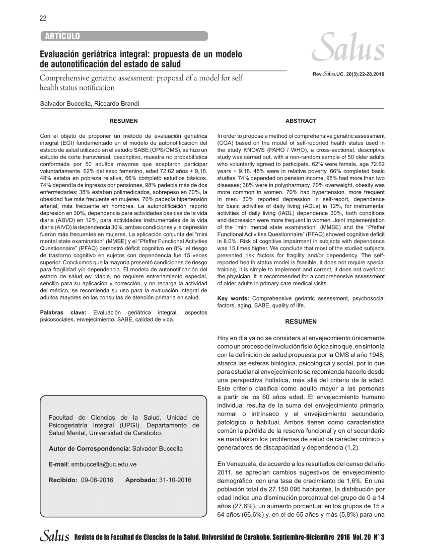PDF) Evaluación geriátrica integral: propuesta de un modelo de  autonotificación del estado de salud