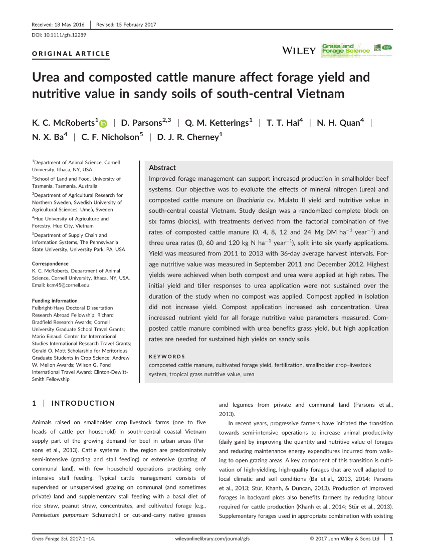 Pdf Urea And Composted Cattle Manure Affect Forage Yield And Nutritive Value In Sandy Soils Of South Central Vietnam