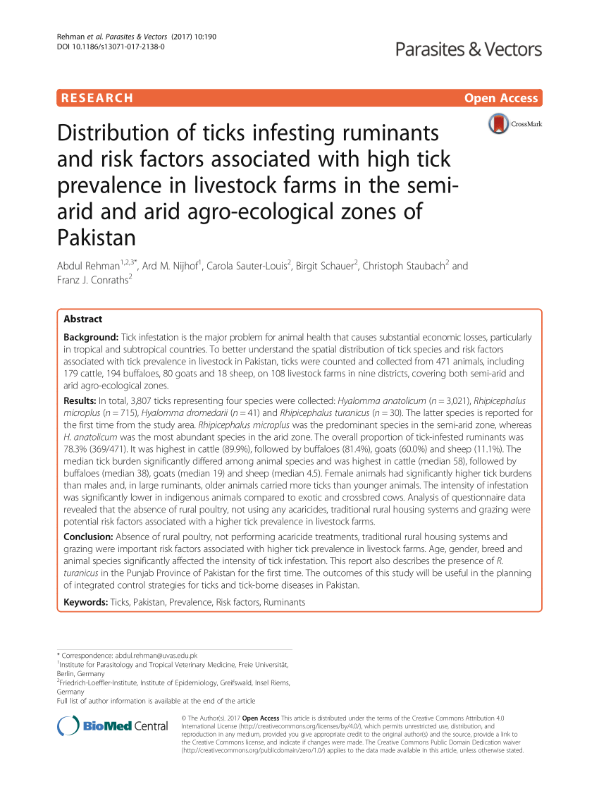 Pdf Distribution Of Ticks Infesting Ruminants And Risk Factors Associated With High Tick Prevalence In Livestock Farms In The Semi Arid And Arid Agro Ecological Zones Of Pakistan