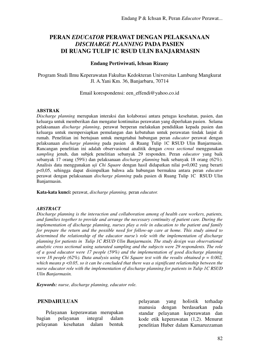 Pdf The Role Of Nurse Educator With The Implementation Of Discharge Planning On Patients In Ulin Hospital