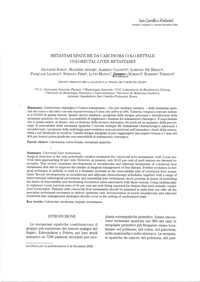 Pdf Metastasi Epatiche Da Carcinoma Colo Rettale