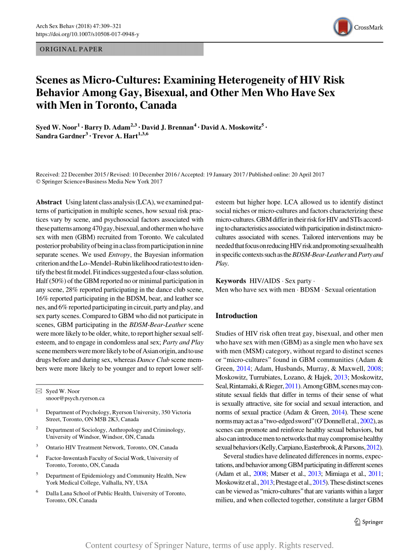 Scenes as Micro-Cultures: Examining Heterogeneity of HIV Risk Behavior  Among Gay, Bisexual, and Other Men Who Have Sex with Men in Toronto, Canada  | Request PDF