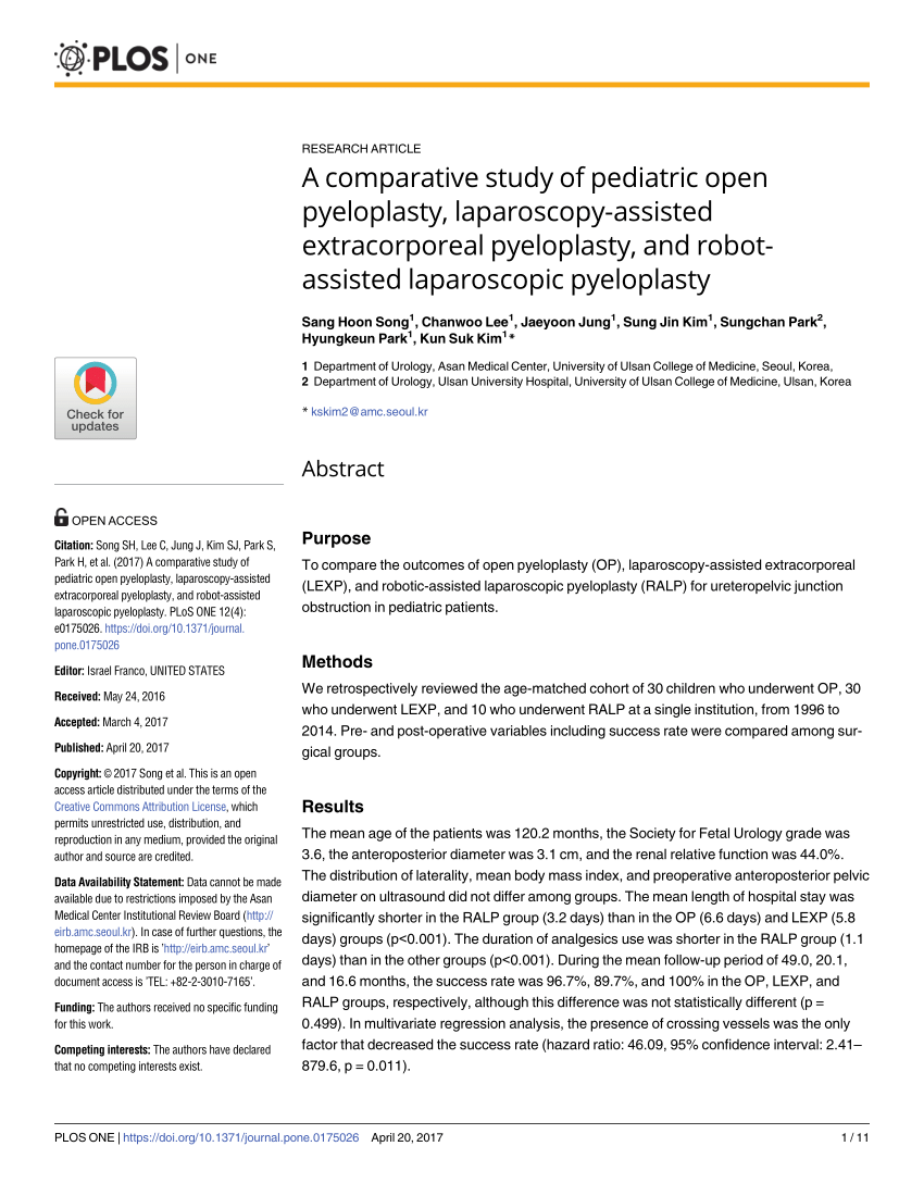 Pdf A Comparative Study Of Pediatric Open Pyeloplasty Laparoscopy Assisted Extracorporeal Pyeloplasty And Robot Assisted Laparoscopic Pyeloplasty