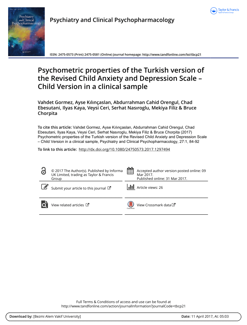 pdf psychometric properties of the turkish version of the revised child anxiety and depression scale child version in a clinical sample