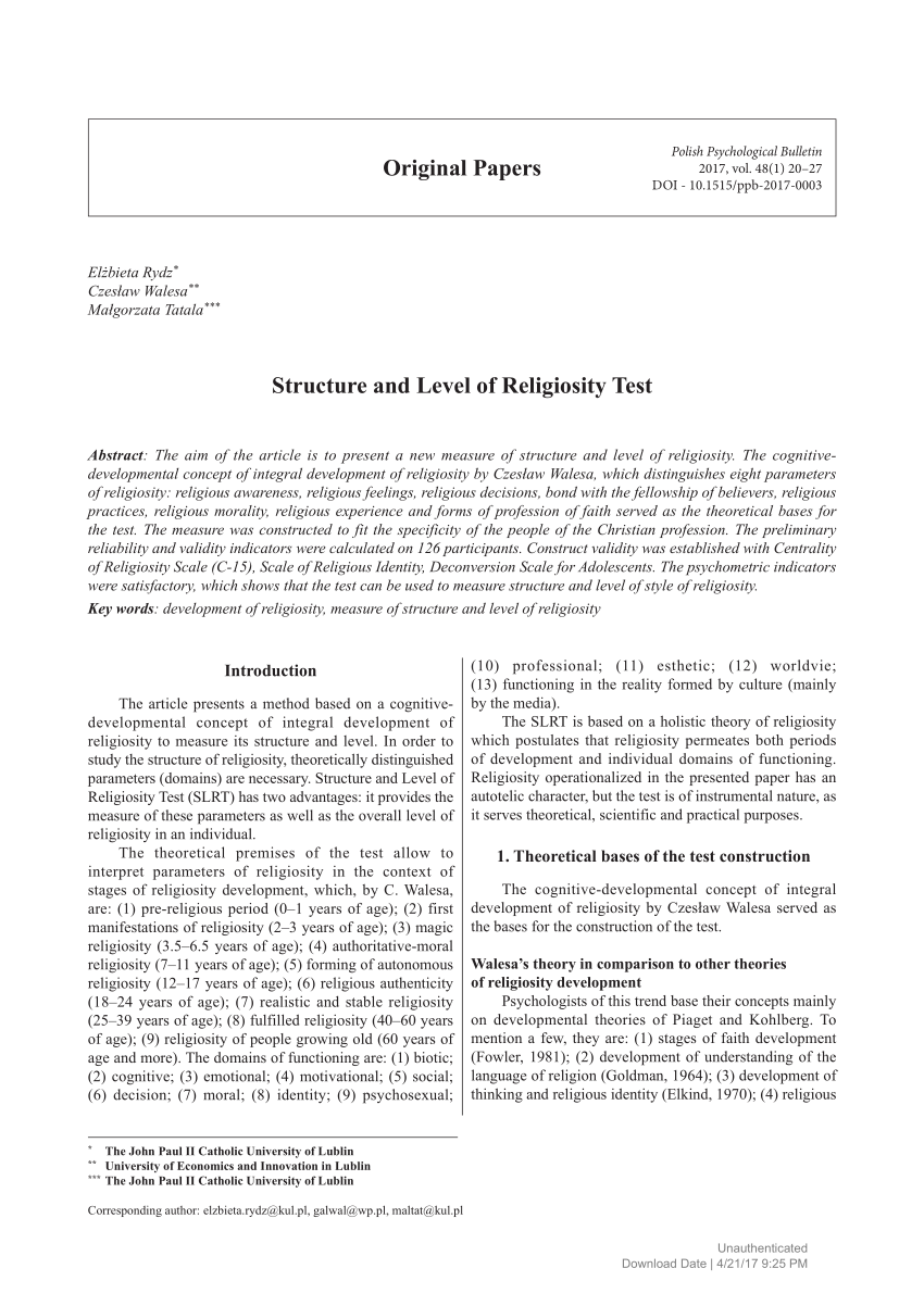 (PDF) Structure and Level of Religiosity Test