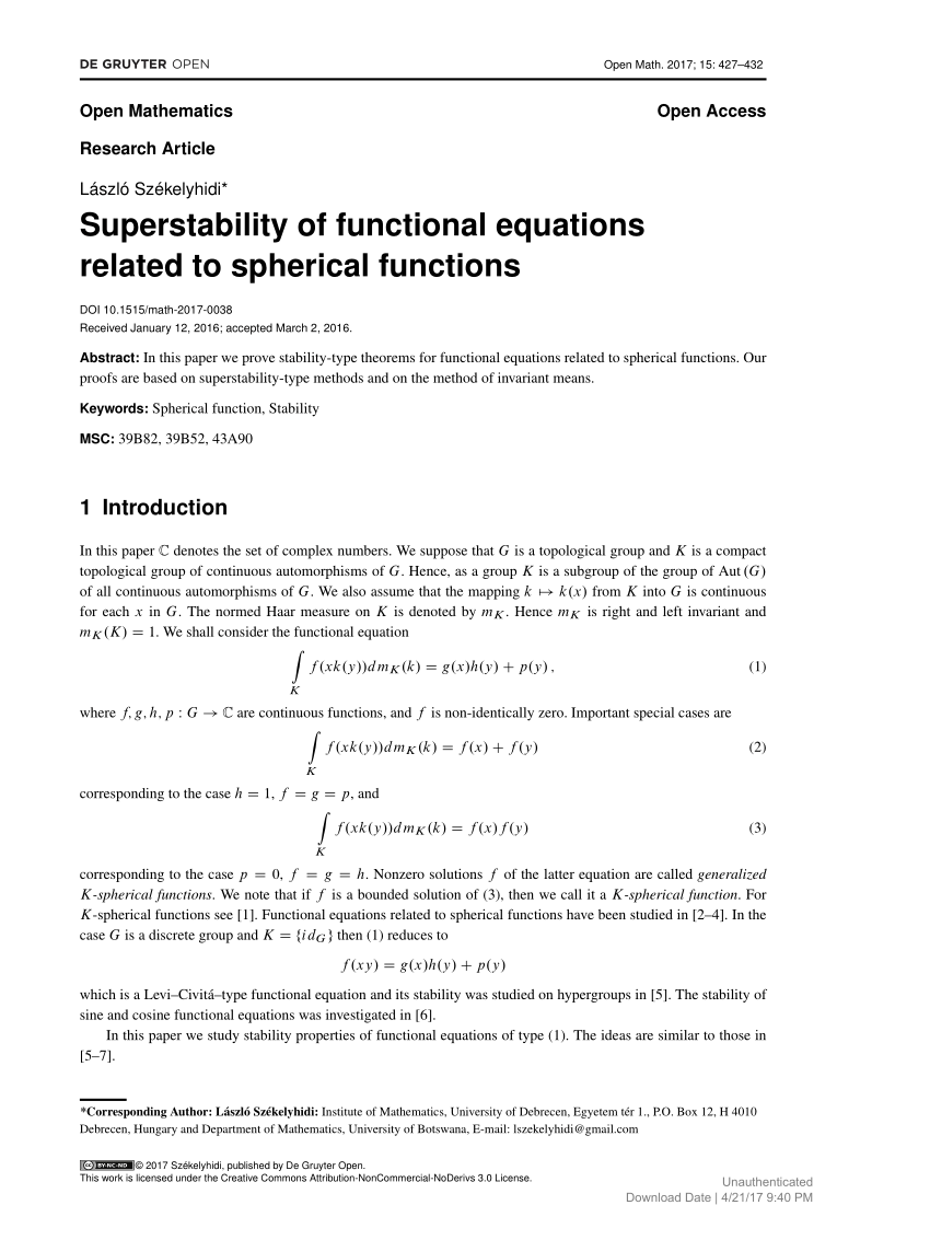 Pdf Superstability Of Functional Equations Related To Spherical Functions