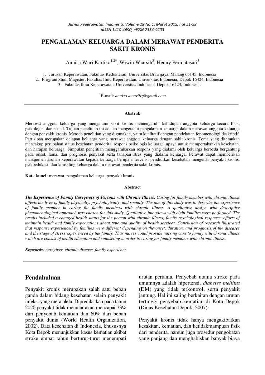 Pdf Pengalaman Keluarga Dalam Merawat Penderita Sakit Kronis