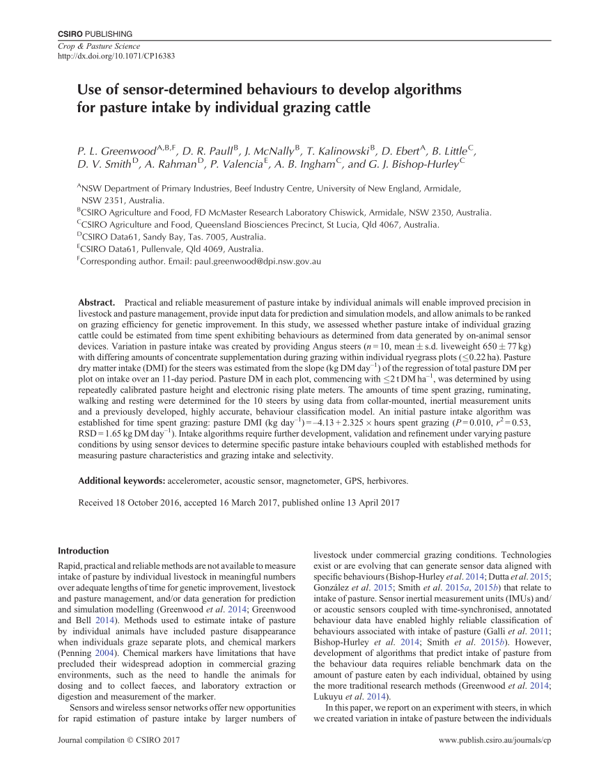 Pdf Use Of Sensor Determined Behaviours To Develop Algorithms For Pasture Intake By Individual Grazing Cattle