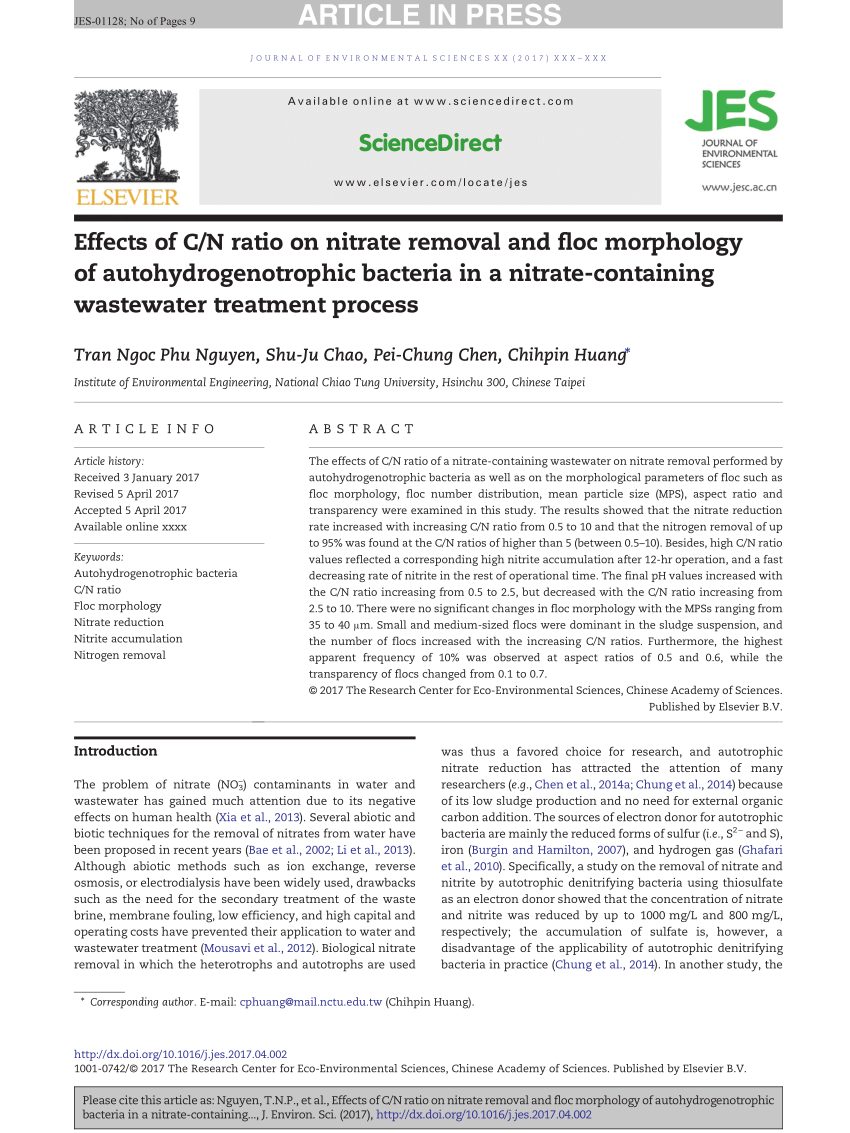 Pdf Effects Of C N Ratio On Nitrate Removal And Floc Morphology Of Autohydrogenotrophic Bacteria In A Nitrate Containing Wastewater Treatment Process
