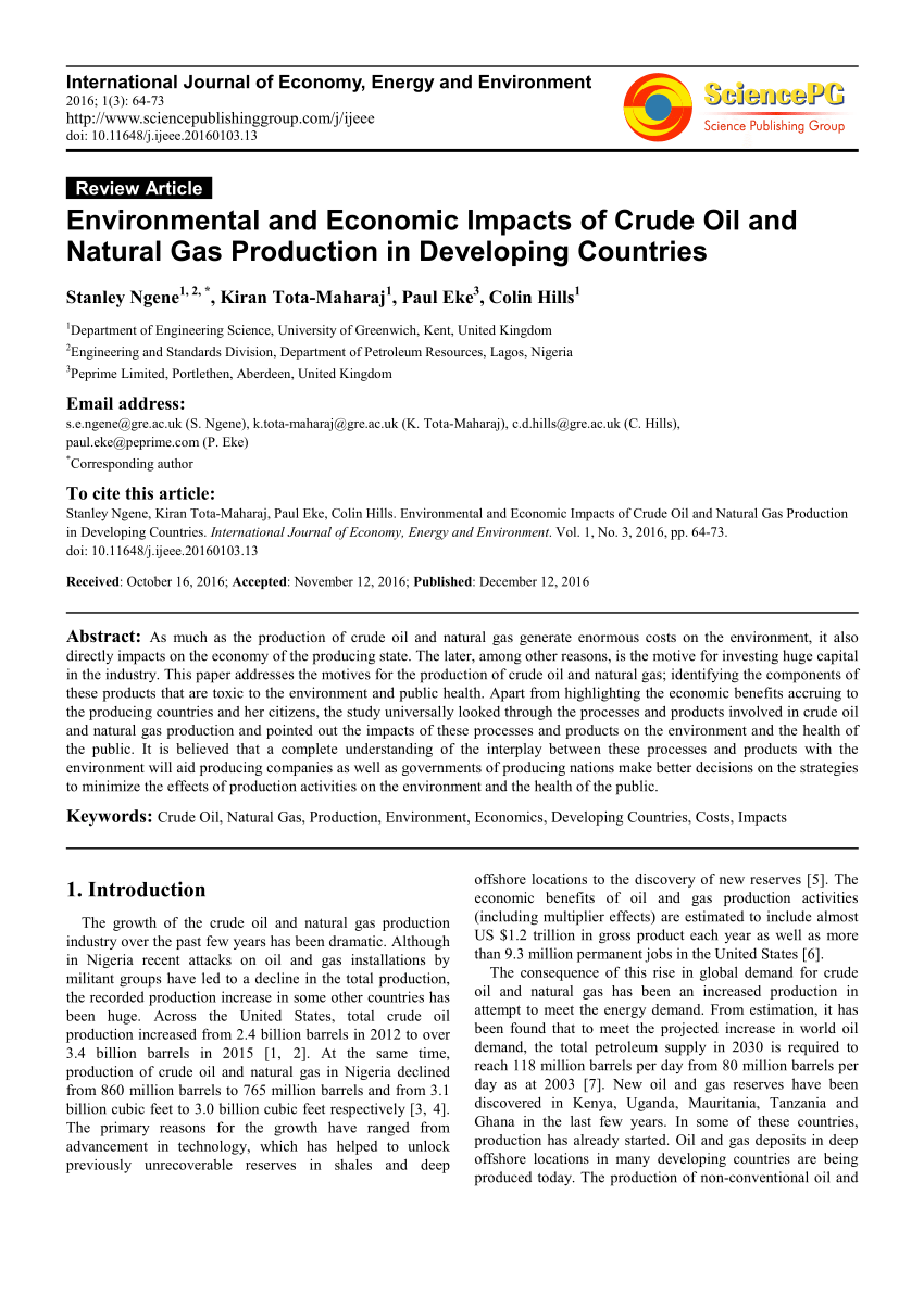 Pdf Environmental And Economic Impacts Of Crude Oil And Natural Gas Production In Developing Countries