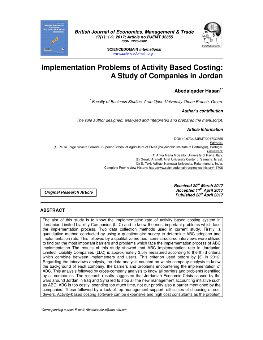 PDF) Implementation Problems of Activity Based Costing: A Study of ...
