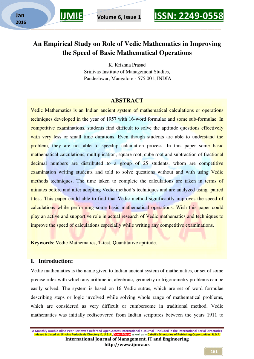 Pdf An Empirical Study On Role Of Vedic Mathematics In Improving The Speed Of Basic Mathematical Operations
