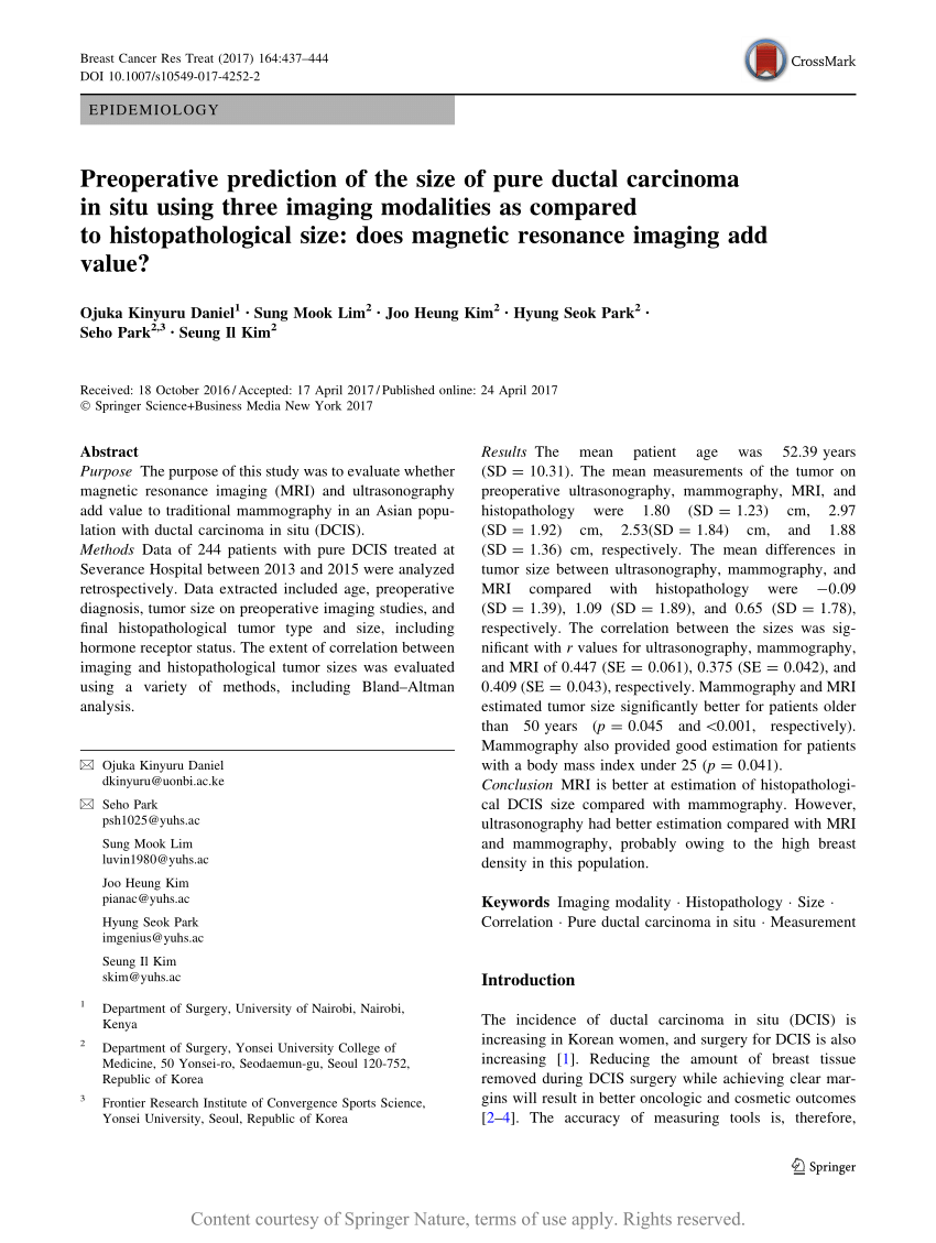 Preoperative tumor size measurement in breast cancer patients