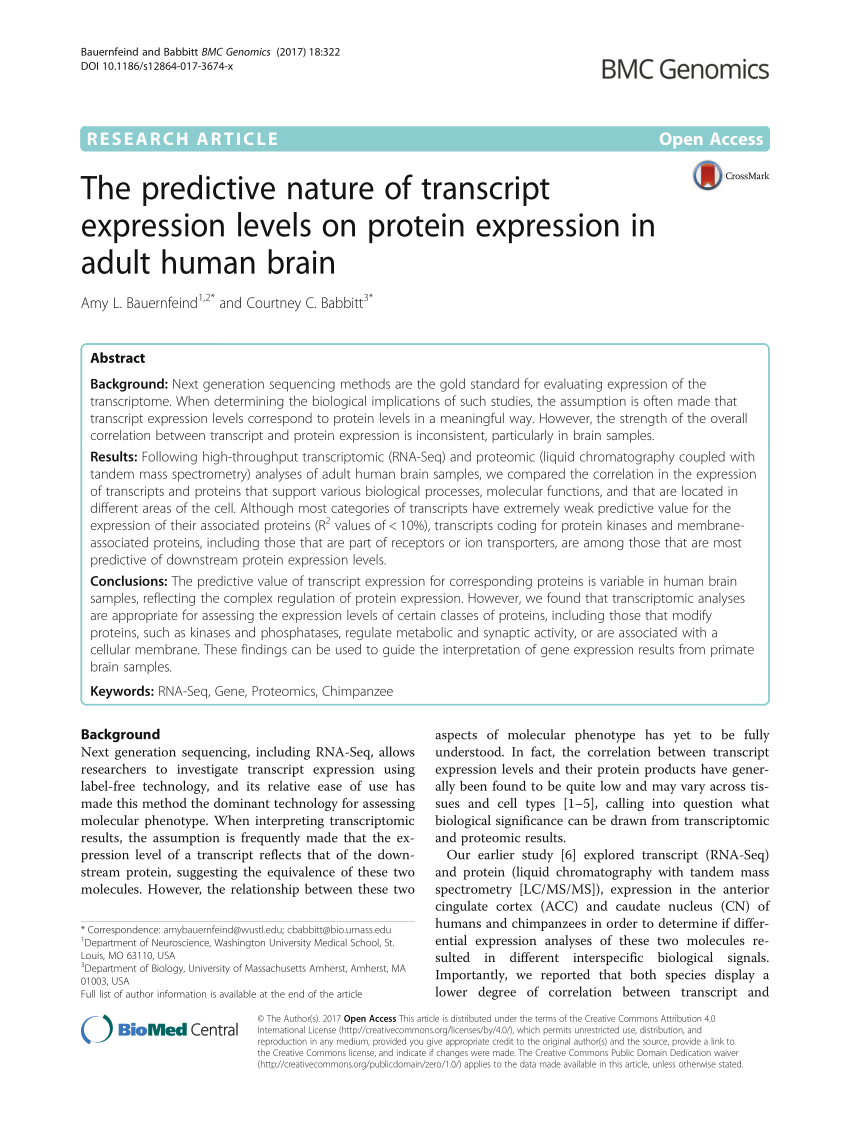 Pdf The Predictive Nature Of Transcript Expression Levels On Protein Expression In Adult Human Brain