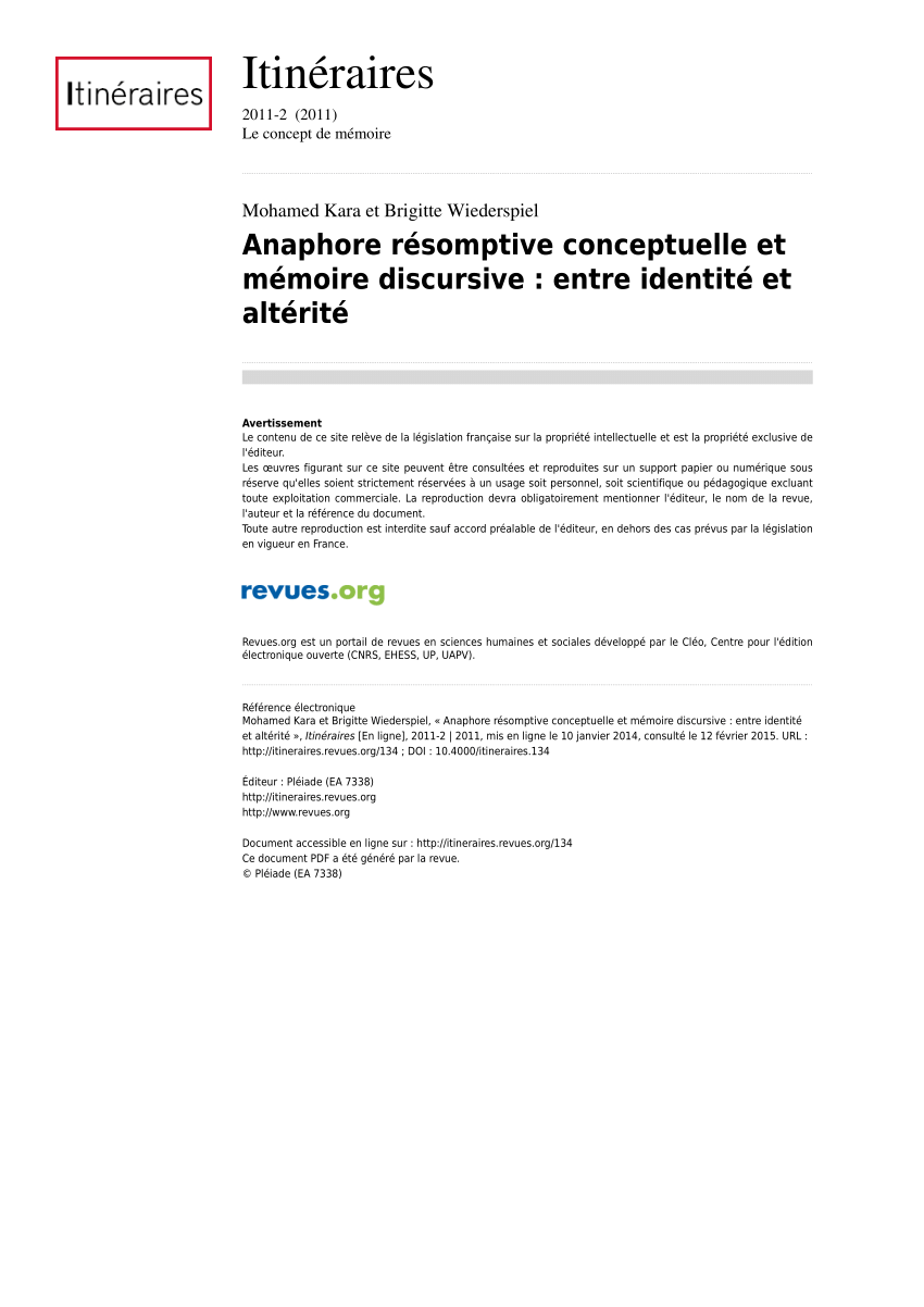 Pdf Anaphore Resomptive Conceptuelle Et Memoire Discursive Entre Identite Et Alterite