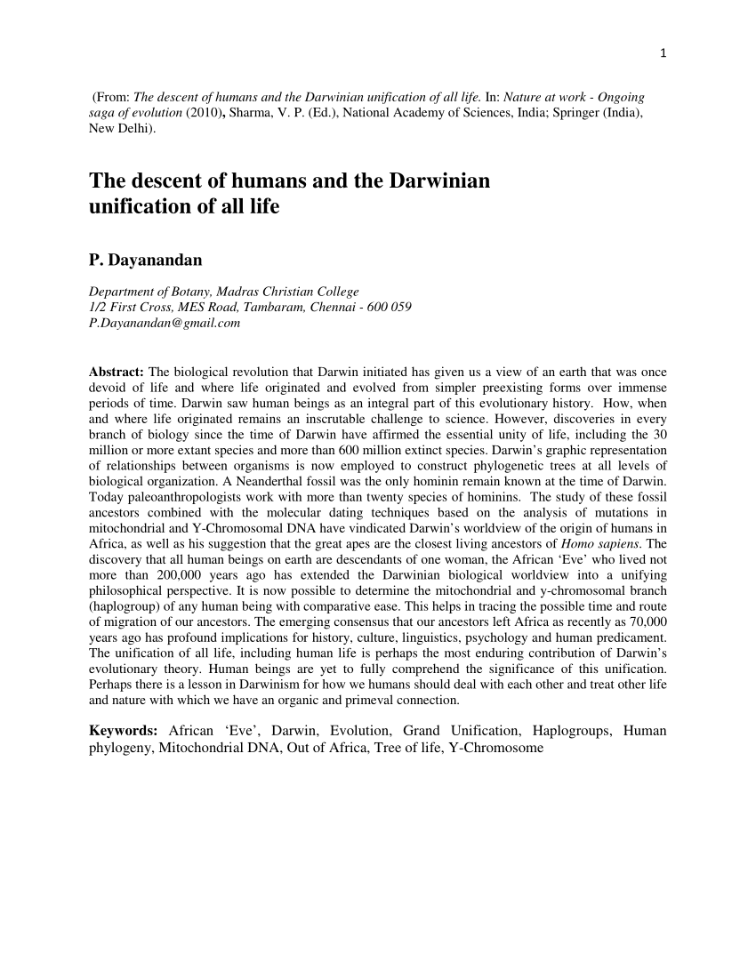 Pdf The Descent Of Humans And The Darwinian Unification Of All Life 4734