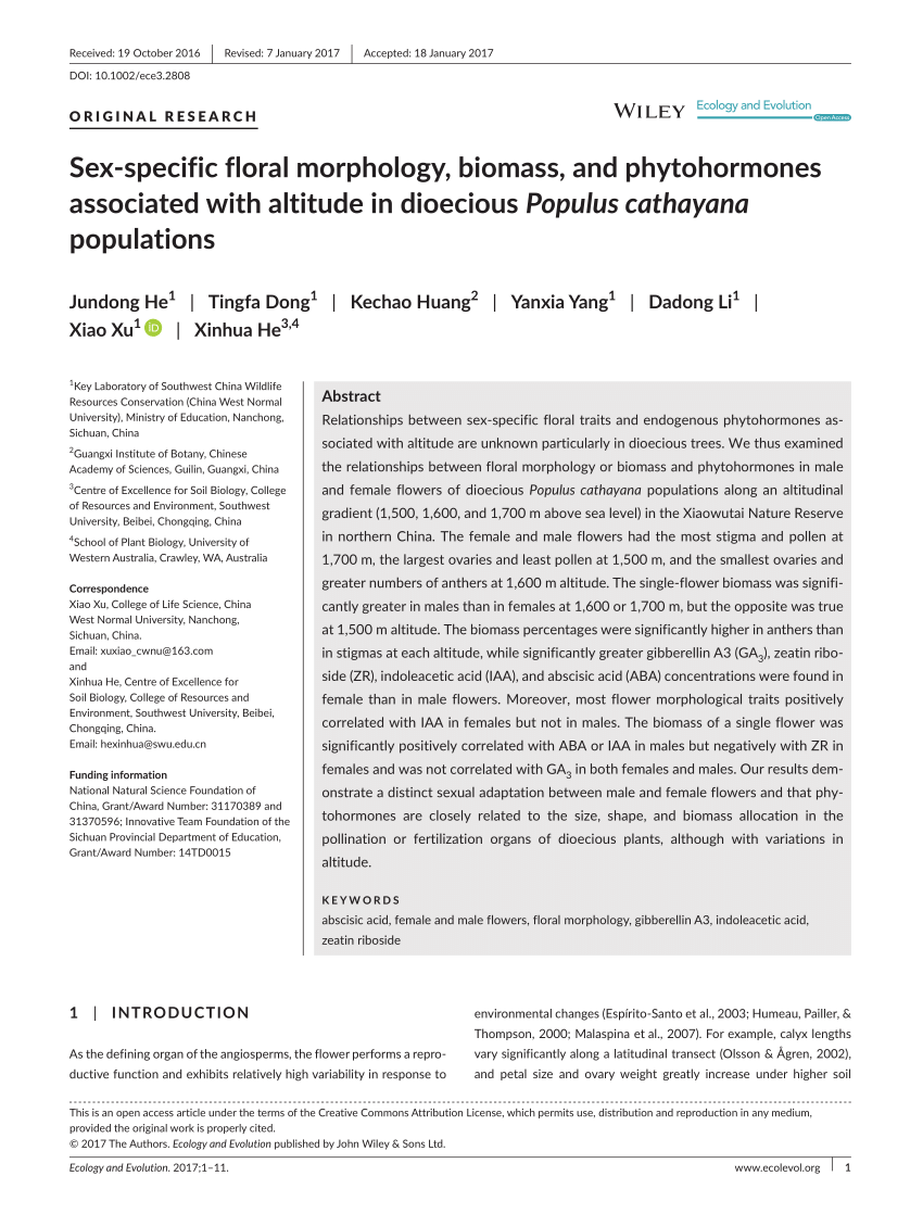 Pdf Sex Specific Floral Morphology Biomass And Phytohormones