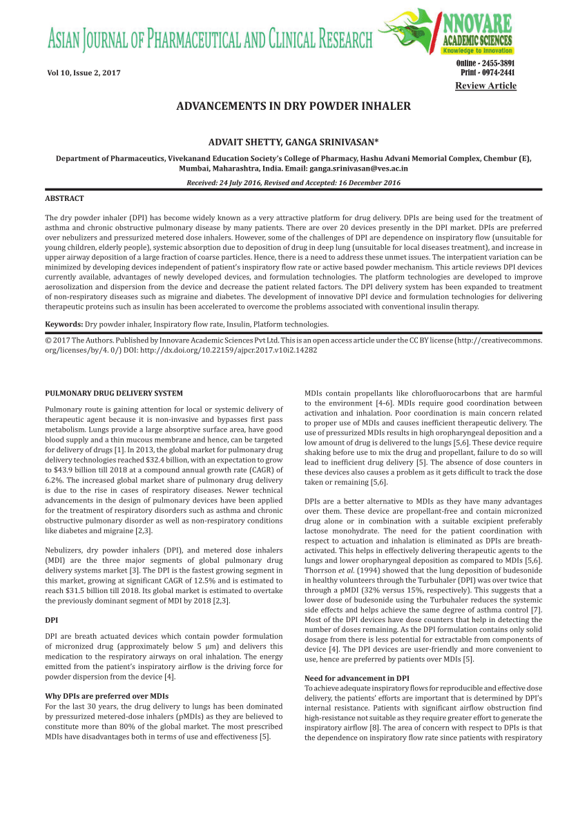 (PDF) Advancements in dry powder inhaler