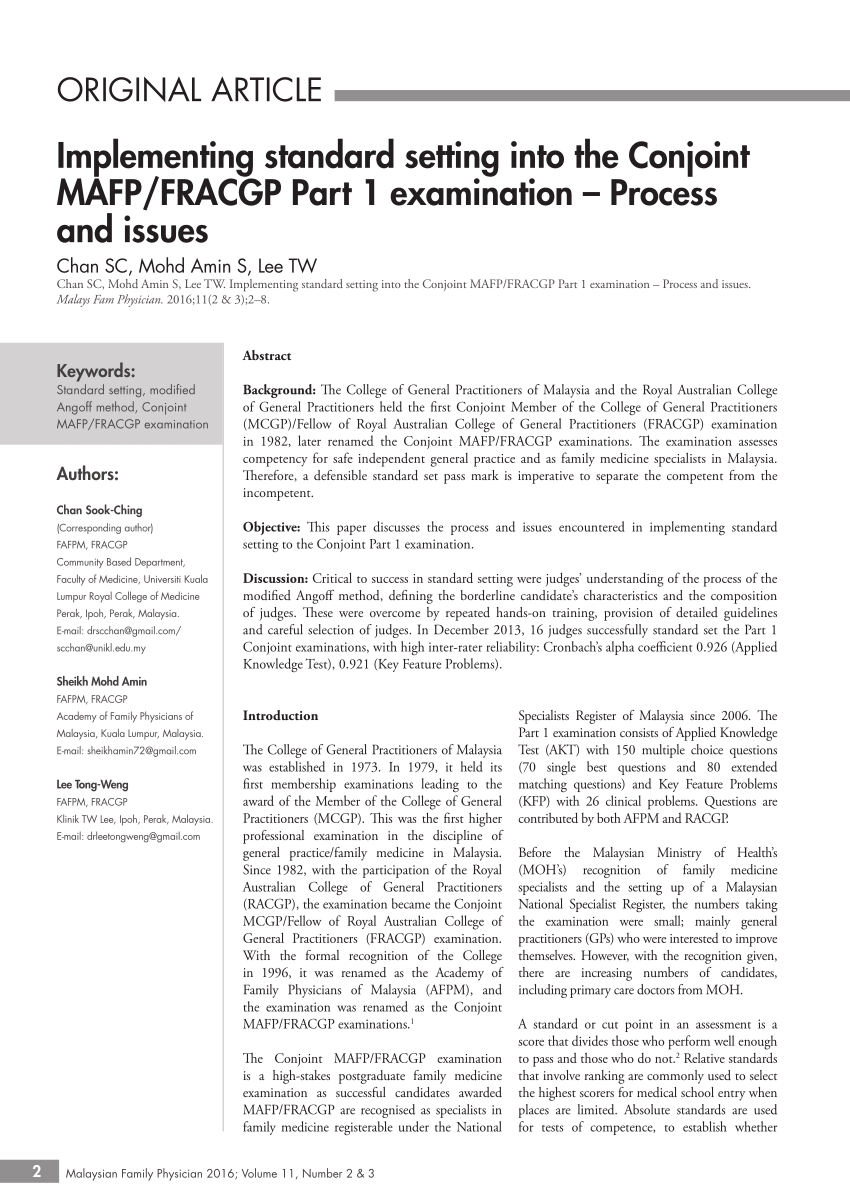 Pdf Implementing Standard Setting Into The Conjoint Mafp Fracgp Part 1 Examination Process And Issues