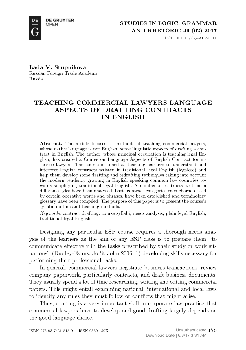Pdf Teaching Commercial Lawyers Language Aspects Of Drafting