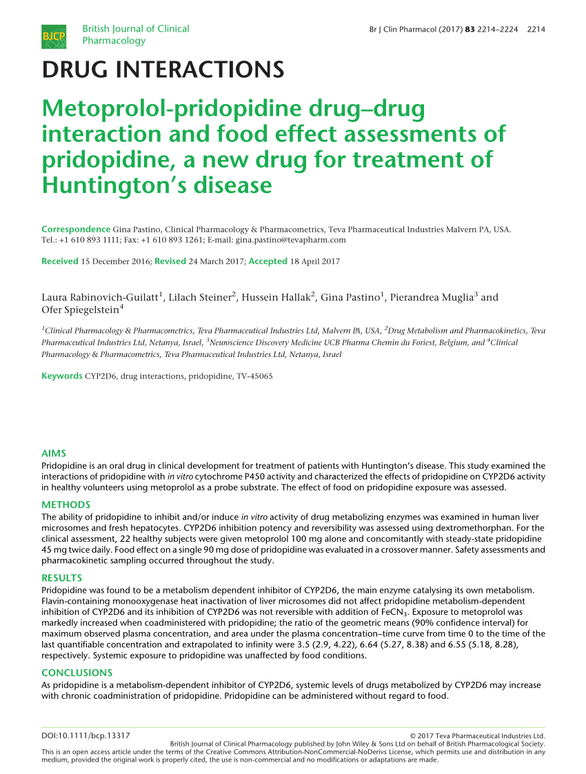 (PDF) Metoprololpridopidine drugdrug interaction and food effect