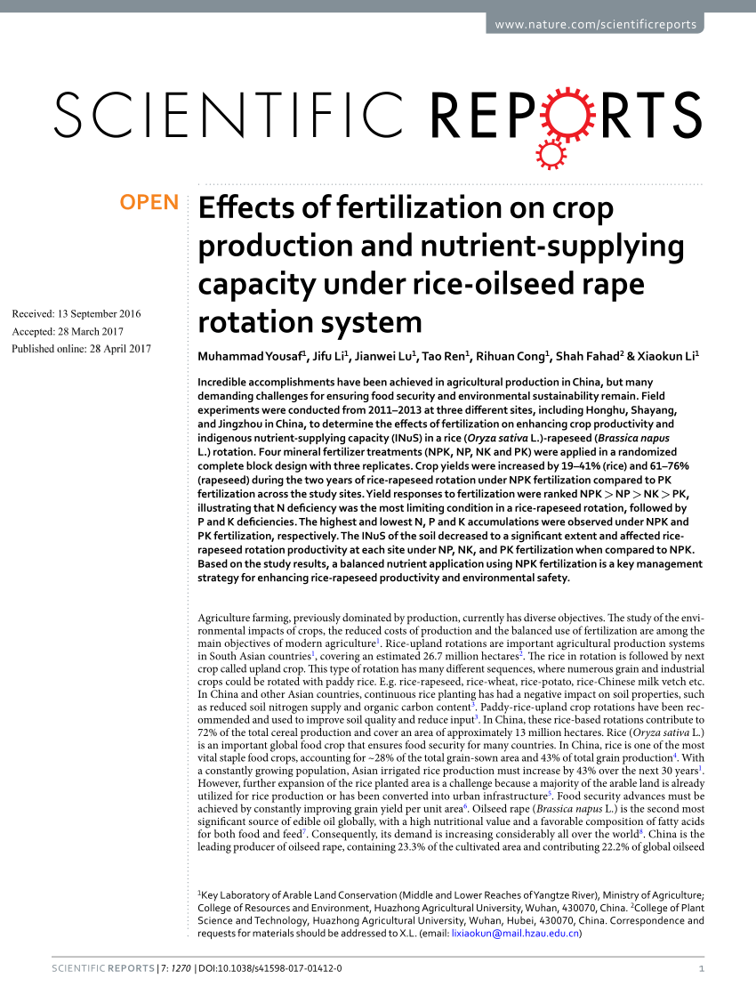 Effects of fertilization on crop production and nutrient-supplying capacity  under rice-oilseed rape rotation system