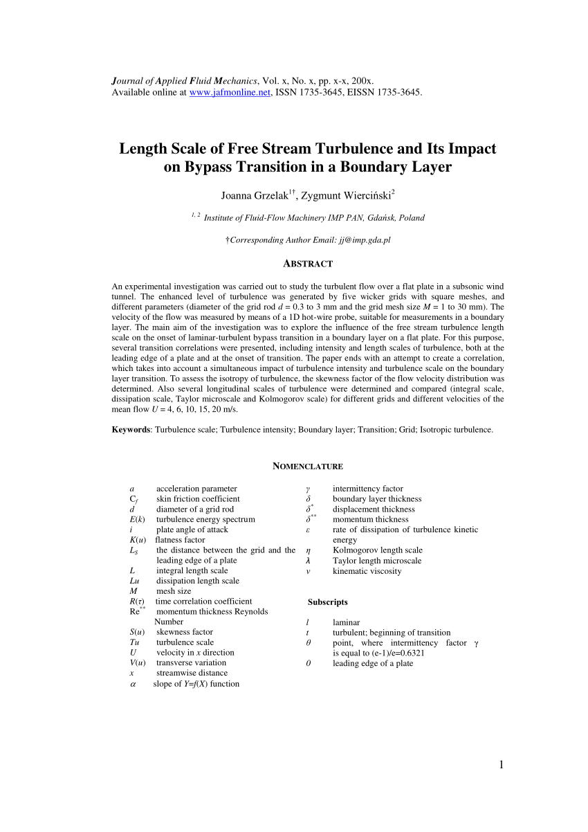 Pdf Length Scale Of Free Stream Turbulence And Its Impact On Bypass Transition In A Boundary Layer