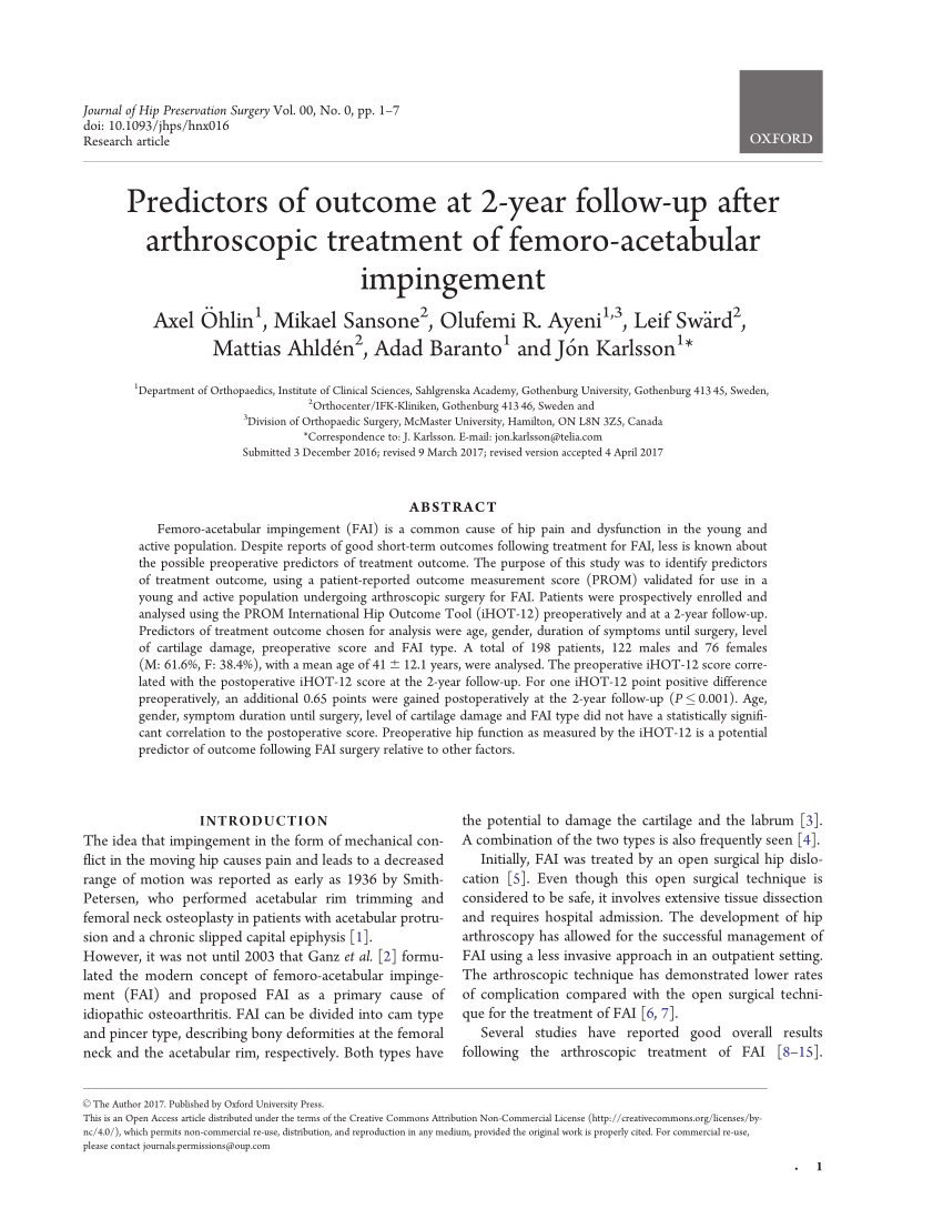 Pdf Predictors Of Outcome At 2 Year Follow Up After Arthroscopic Treatment Of Femoro 8546