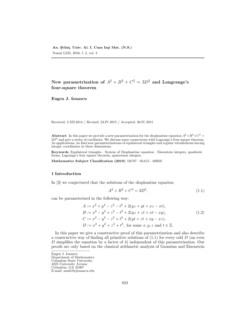 PDF] New parametrization of $A^2+B^2+C^2=3D^2$ and Lagrange's four-square  theorem