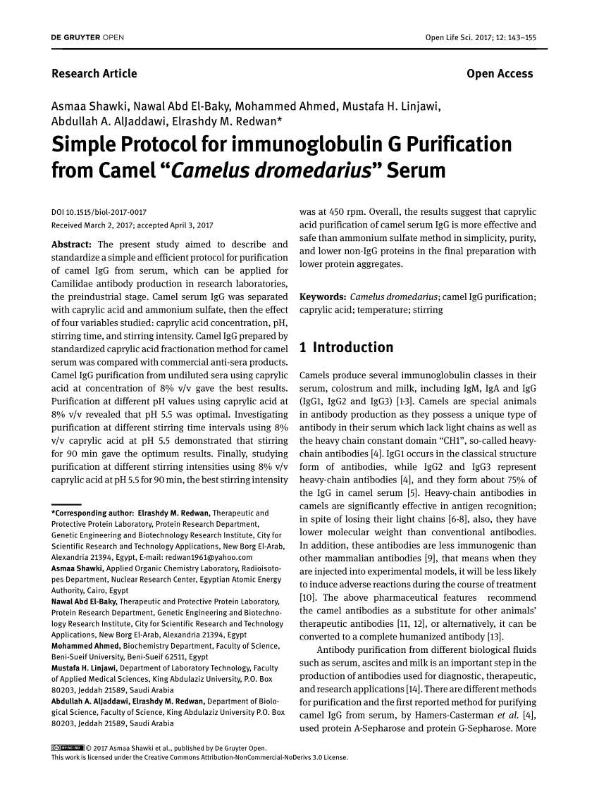 PDF) Simple Protocol for immunoglobulin G Purification from Camel