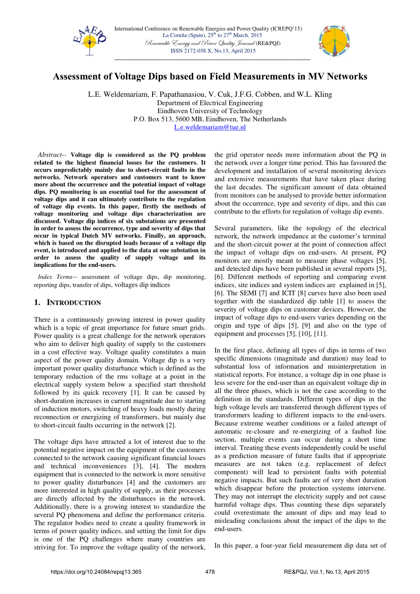 Pdf Assessment Of Voltage Dips Based On Field Measurements In Mv Networks